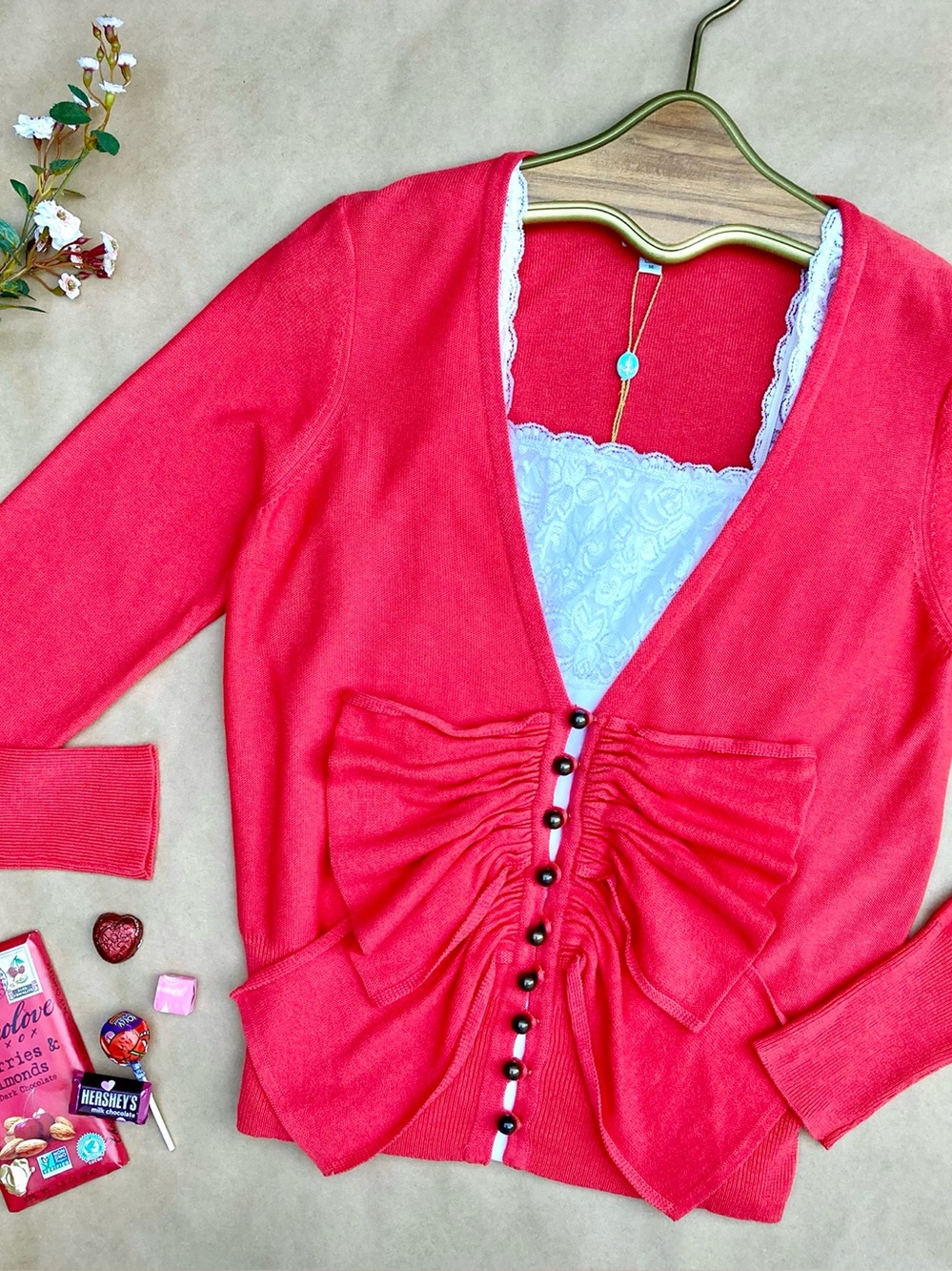 Anthro ❉ Tracy Reese Ruffle Bow Cardigan Sweater in Coral Red Pink Size M